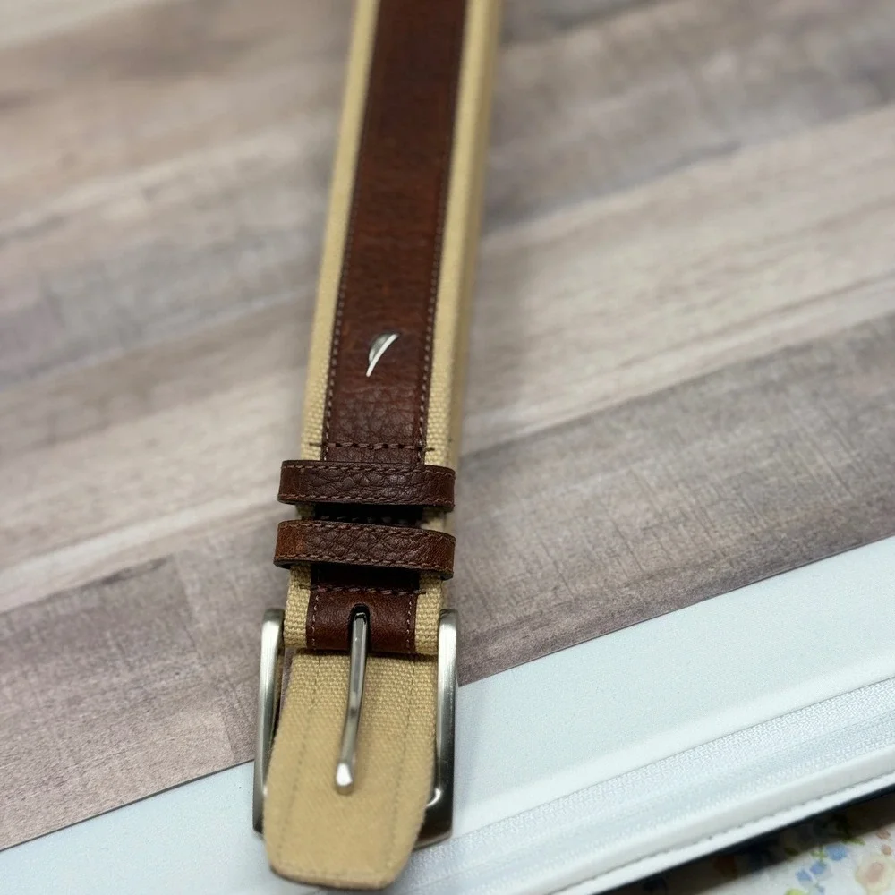 Belt Mens 36 Tan Brown Leather Inlay Canvas Silver Buckle Nautica Preppy Sailing